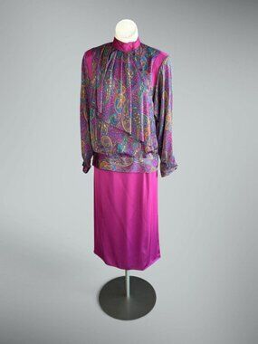 Pierre Cardin Vintage 80s Paisley Purple Skirt Outfit Size 14/16
